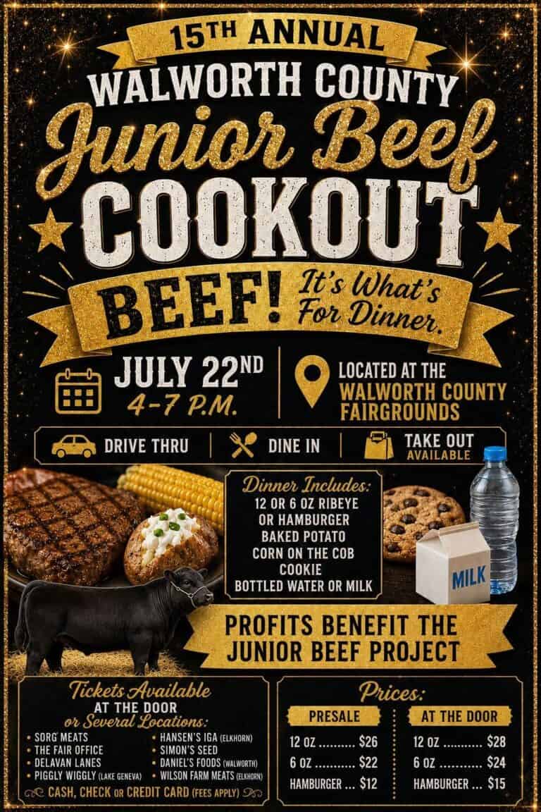 Walworth County Junior Beef Cookout event poster with details and images.