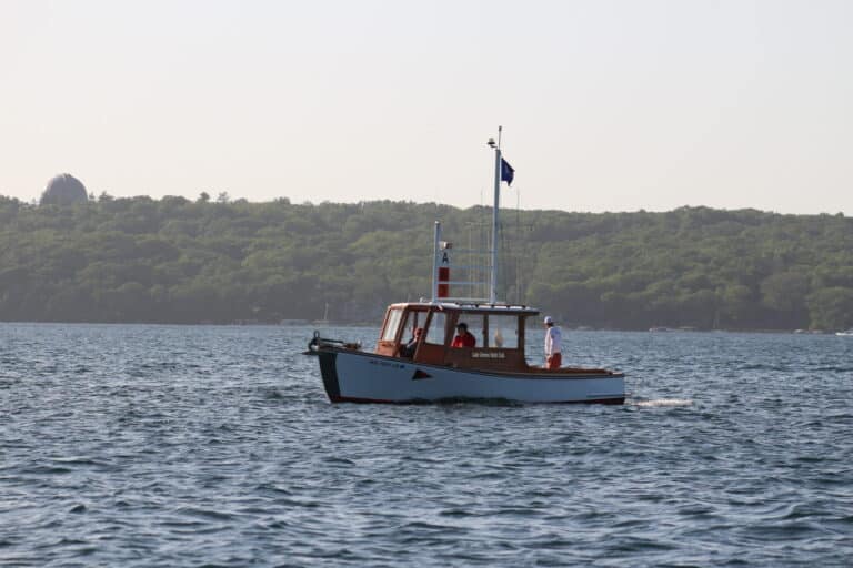 Small boat on Lake Geneva with a forested shoreline in the background.