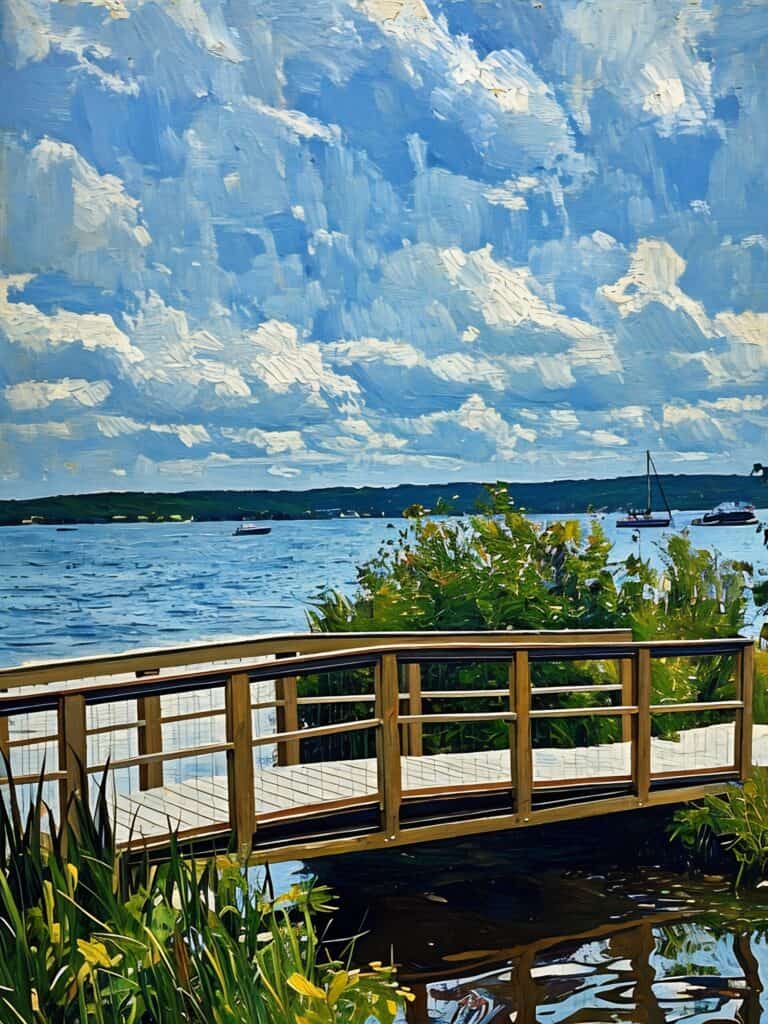 Scenic view of Lake Geneva with boats and a wooden dock under a cloudy sky.