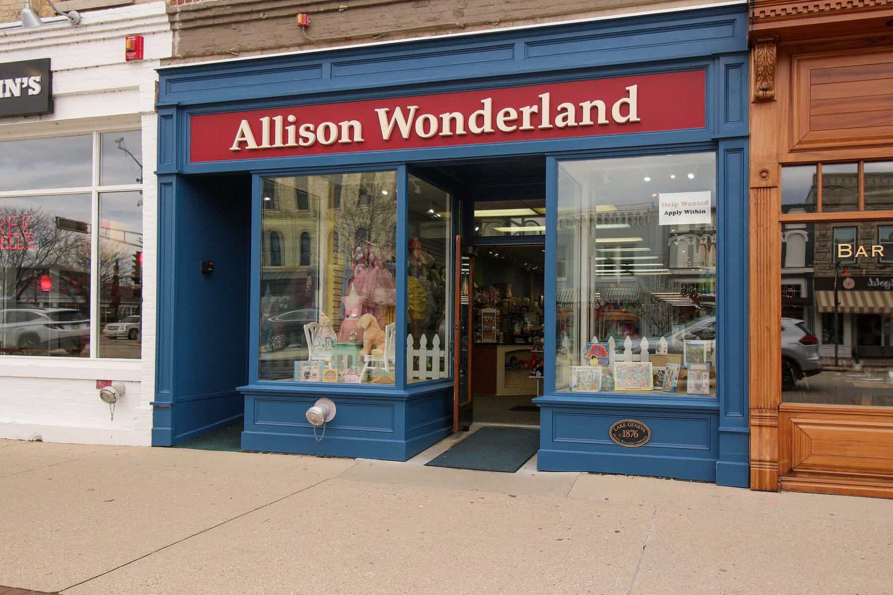 Allison Wonderland toy store's blue storefront on Main Street