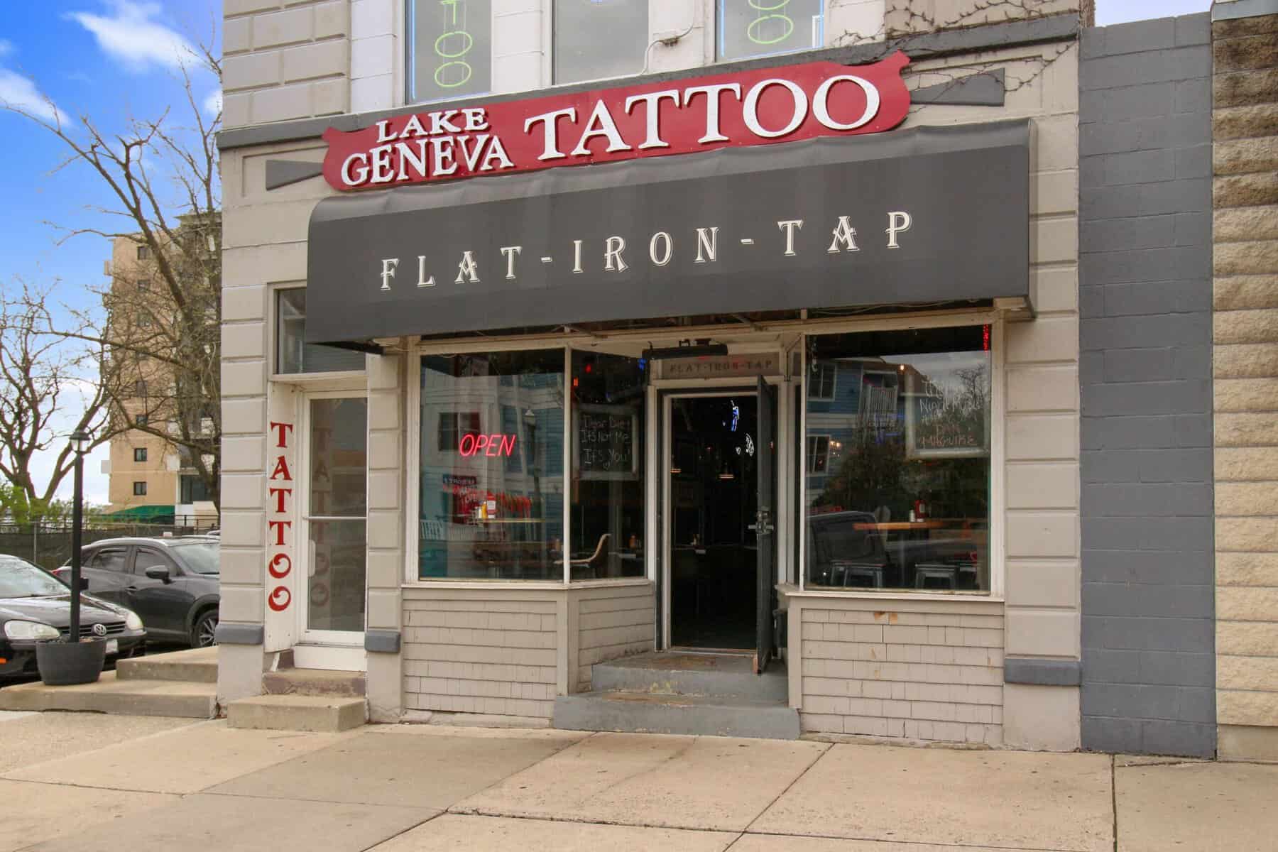 Flat Iron Tap storefront on Center Street, Lake Geneva