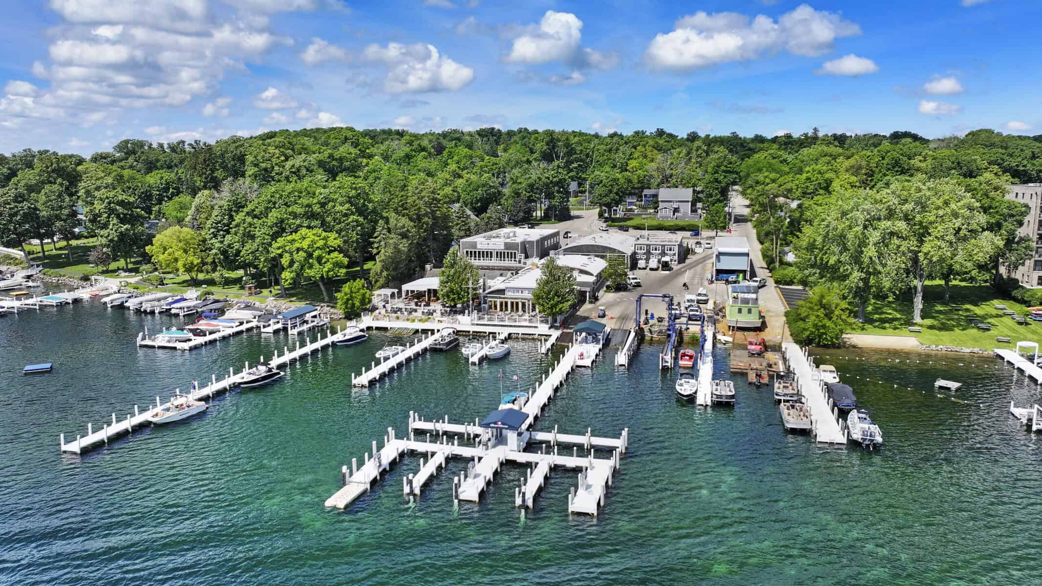 Aerial of Gage Marine and PIER 290 piers on Geneva Lake in Williams Bay
