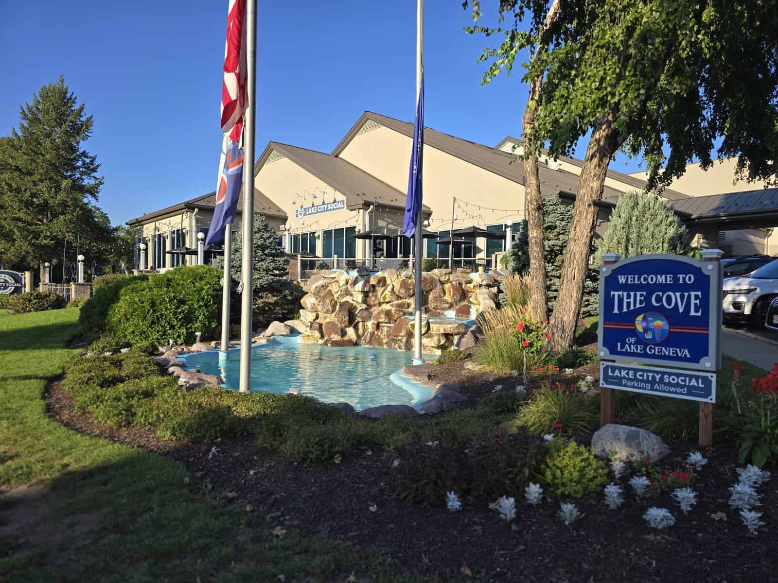 Lake City Social patio and fountain at The Cove of Lake Geneva