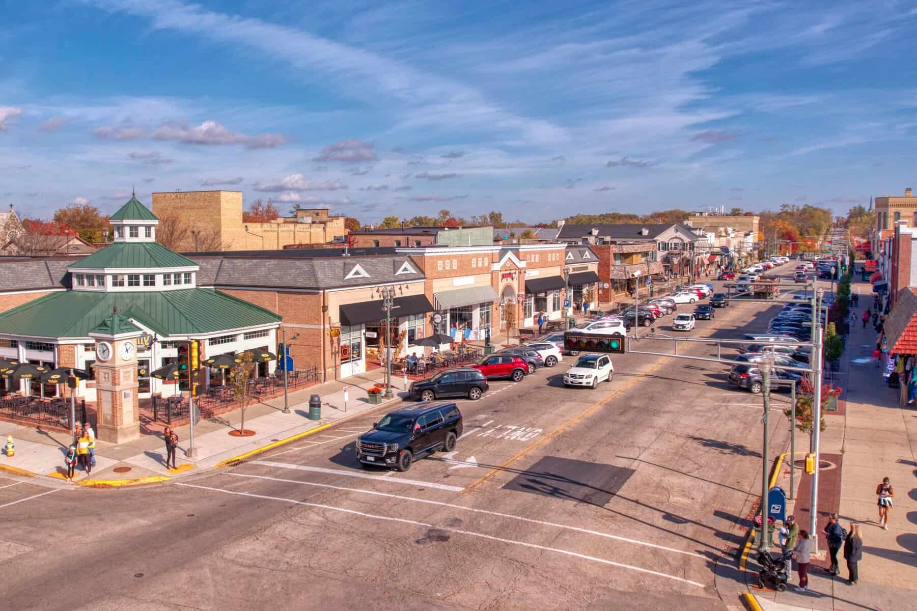 Aerial of Broad Street shops in downtown Lake Geneva in fall