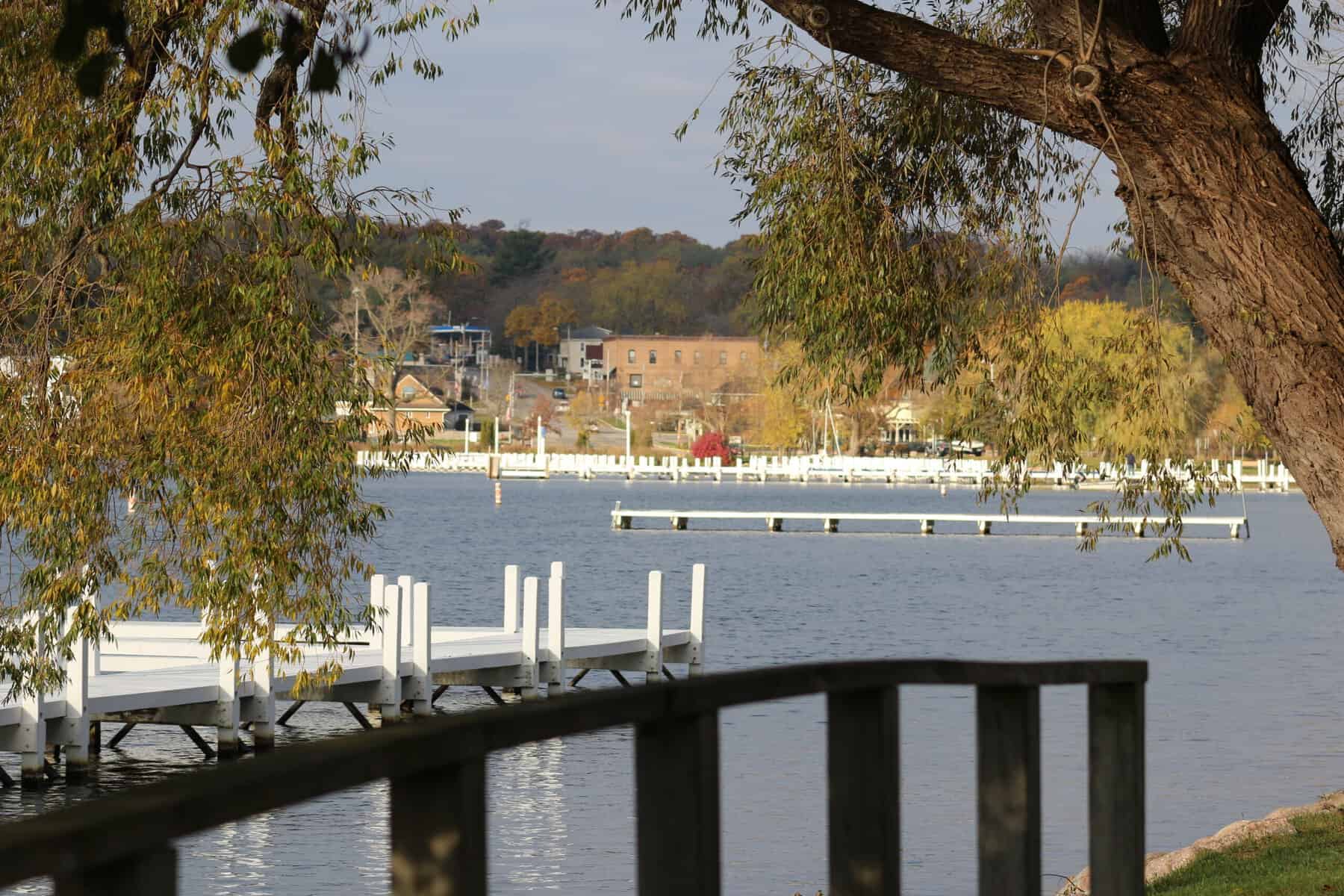 Waterfront view with docks and trees along Lake Geneva.